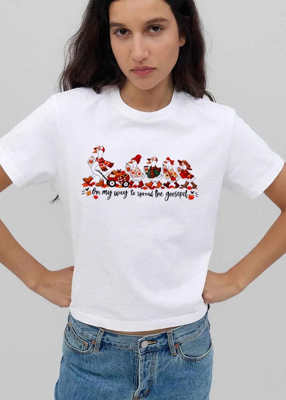 On My Way To Spread The Goosepel Cartoon Geese Autumn Clothes Red Wagon Pumpkins Coffee Leaves shirt