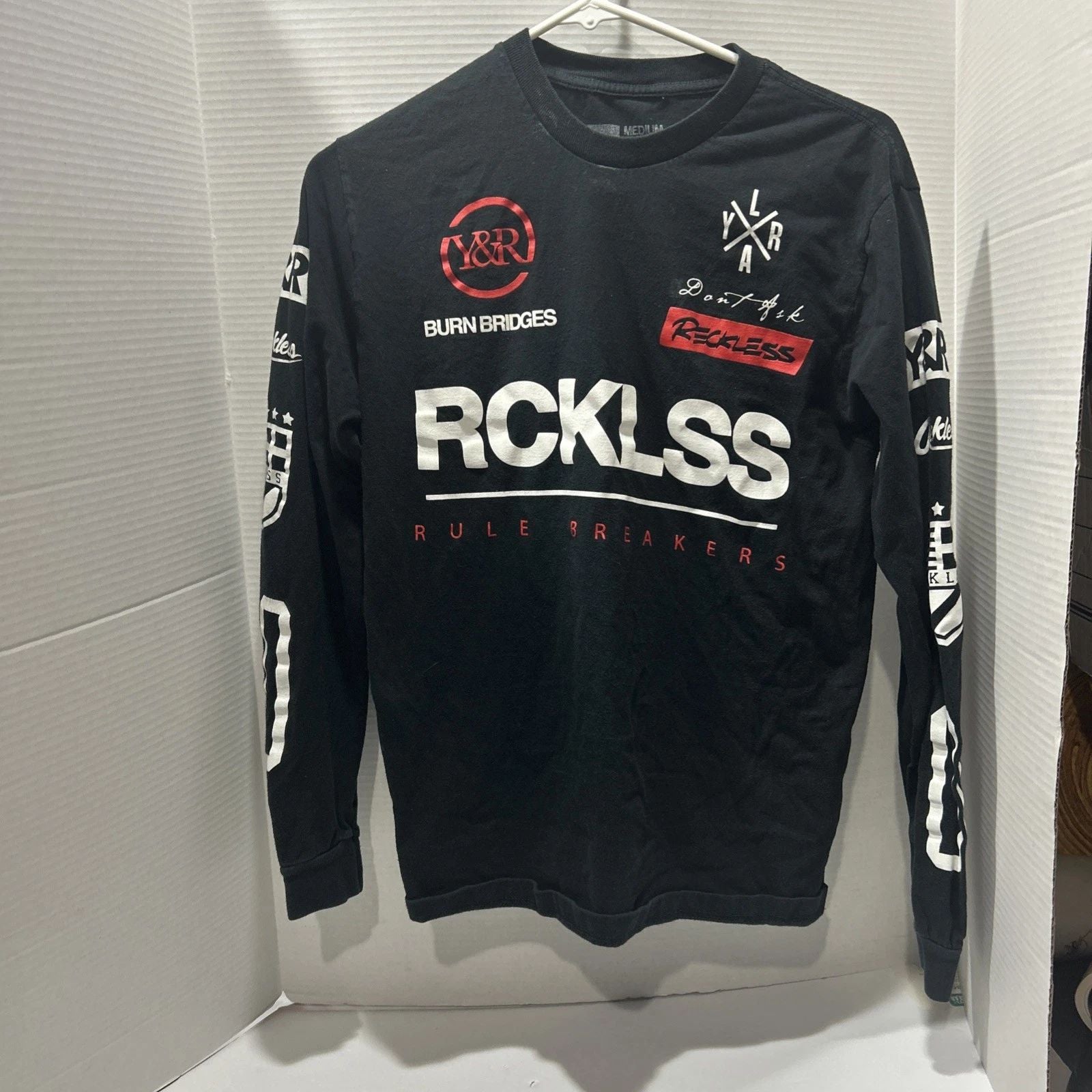 Young & Reckess Shirt Mens M Black Long Sleeve Graphic Logo Shirt H29