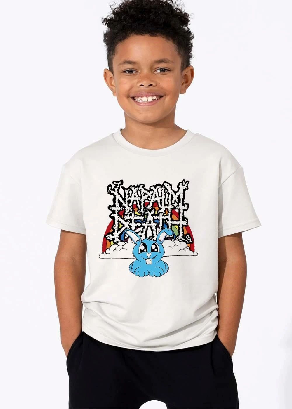 Napalm Death Spiky Text Cute Cartoon Blue Bunny Rainbow Clouds shirt