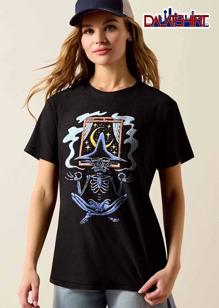 Cartoon Blue Skeleton Wizard Wearing Sunglasses Meditating Lotus Pose Night Window Crescent Moon Smoke shirt