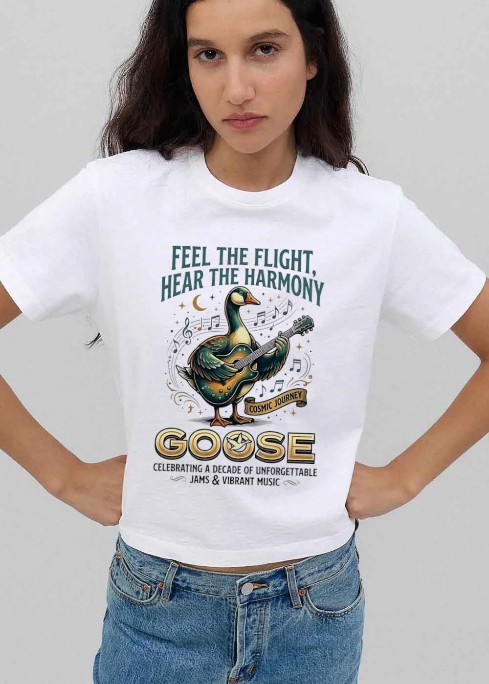 Goose Feel The Flight Hear Harmony Cosmic Journey Playing Guitar Musical Notes Moon shirt
