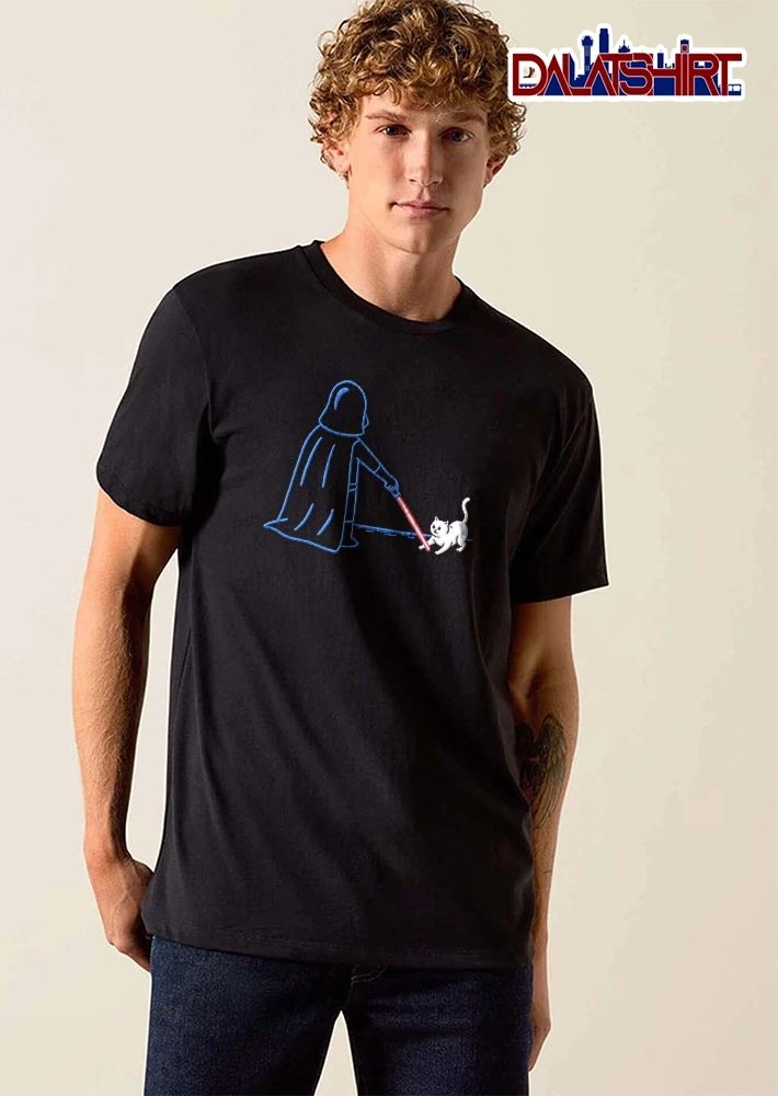 Darth Vader fighting white cat with lightsaber shirt
