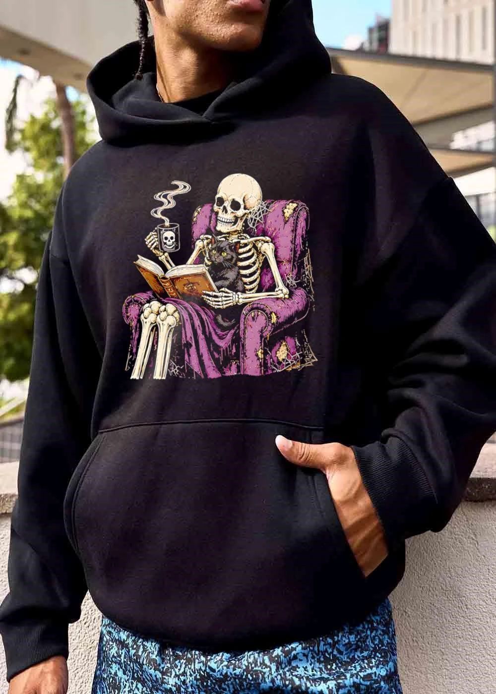 Skeleton Reading Old Book Purple Armchair Black Cat Steaming Mug shirt