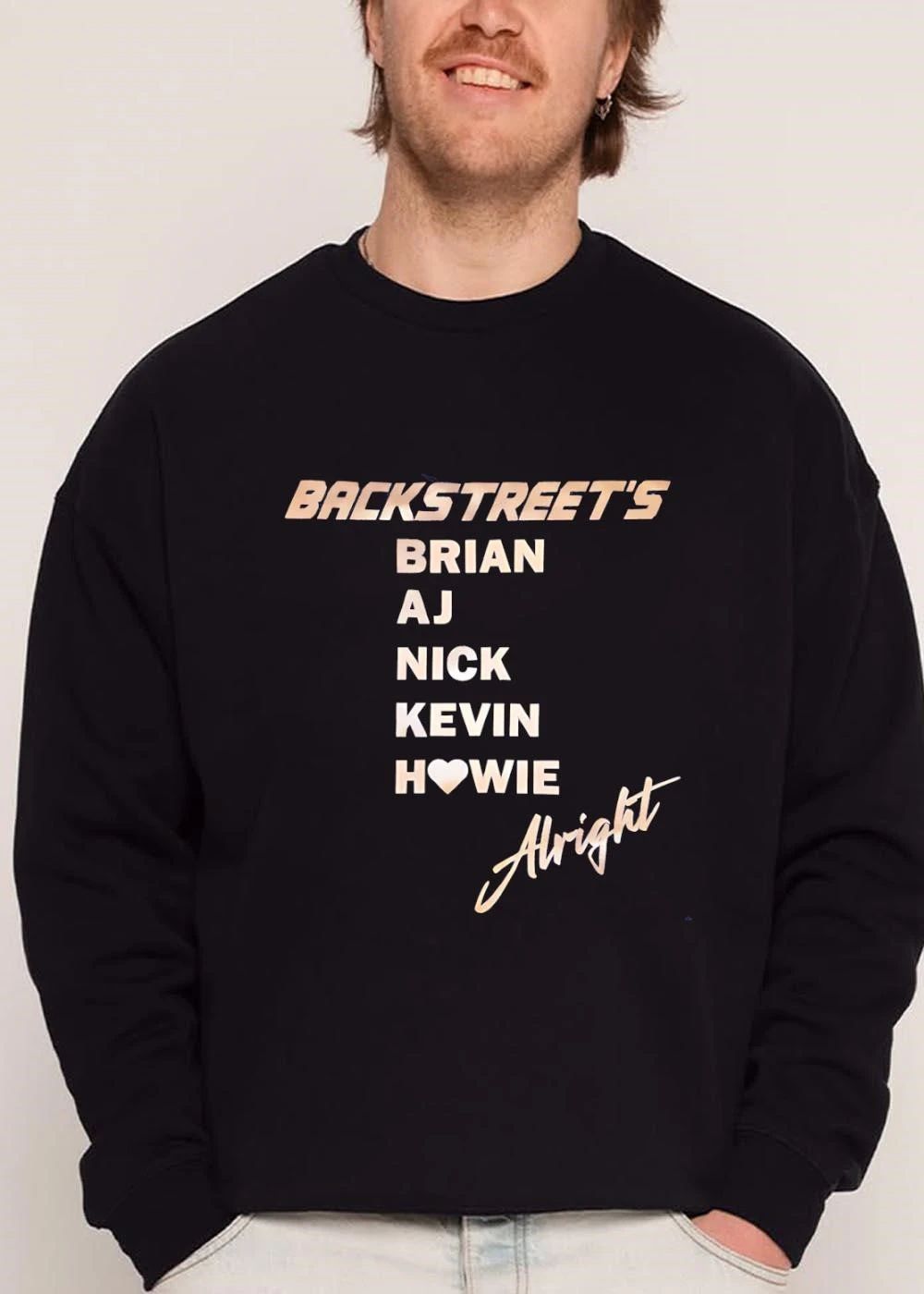 Backstreets Alright Brian Aj Roster Heart Symbol Gold Metallic Cursive shirt