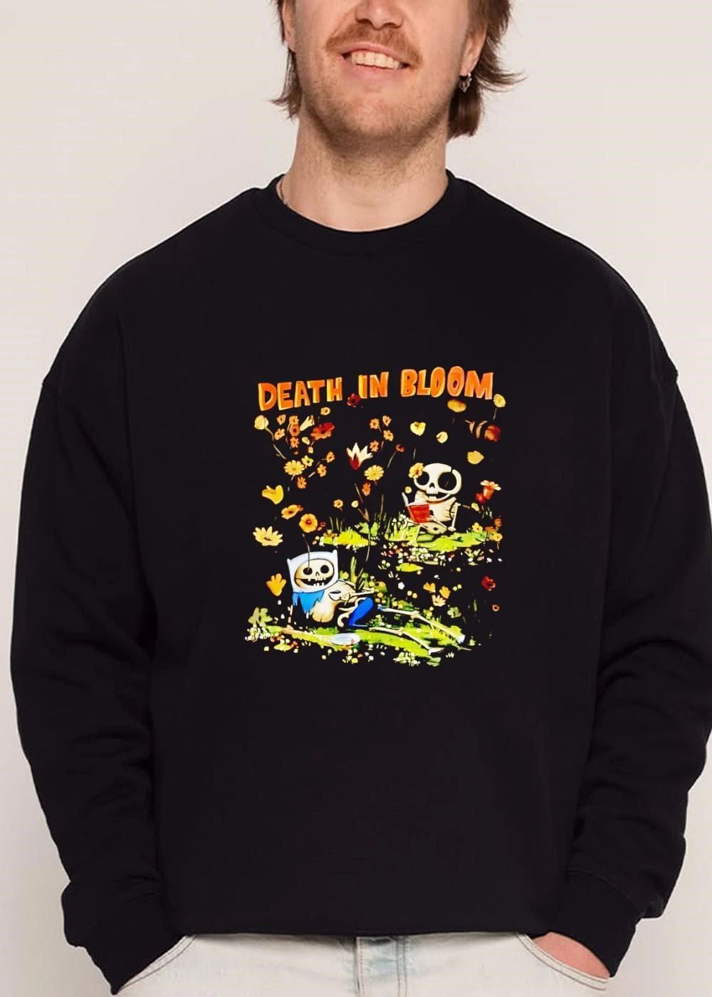 Death In Bloom Cartoon Skeleton Characters Reading Flower Garden shirt