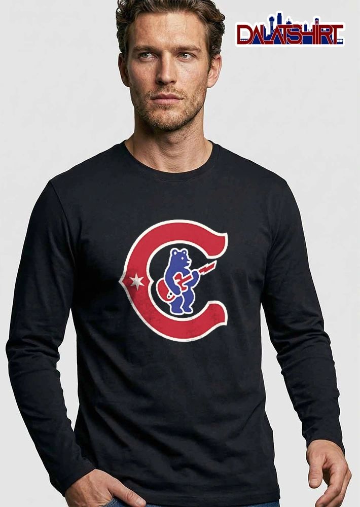 Chicago Cubs MLB Blue Bear Playing Red Electric Guitar C Logo shirt