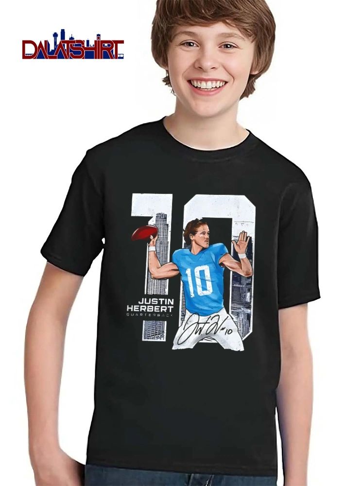 Justin Herbert Quarterback Throwing Football City Skyline Number 10 Signature shirt