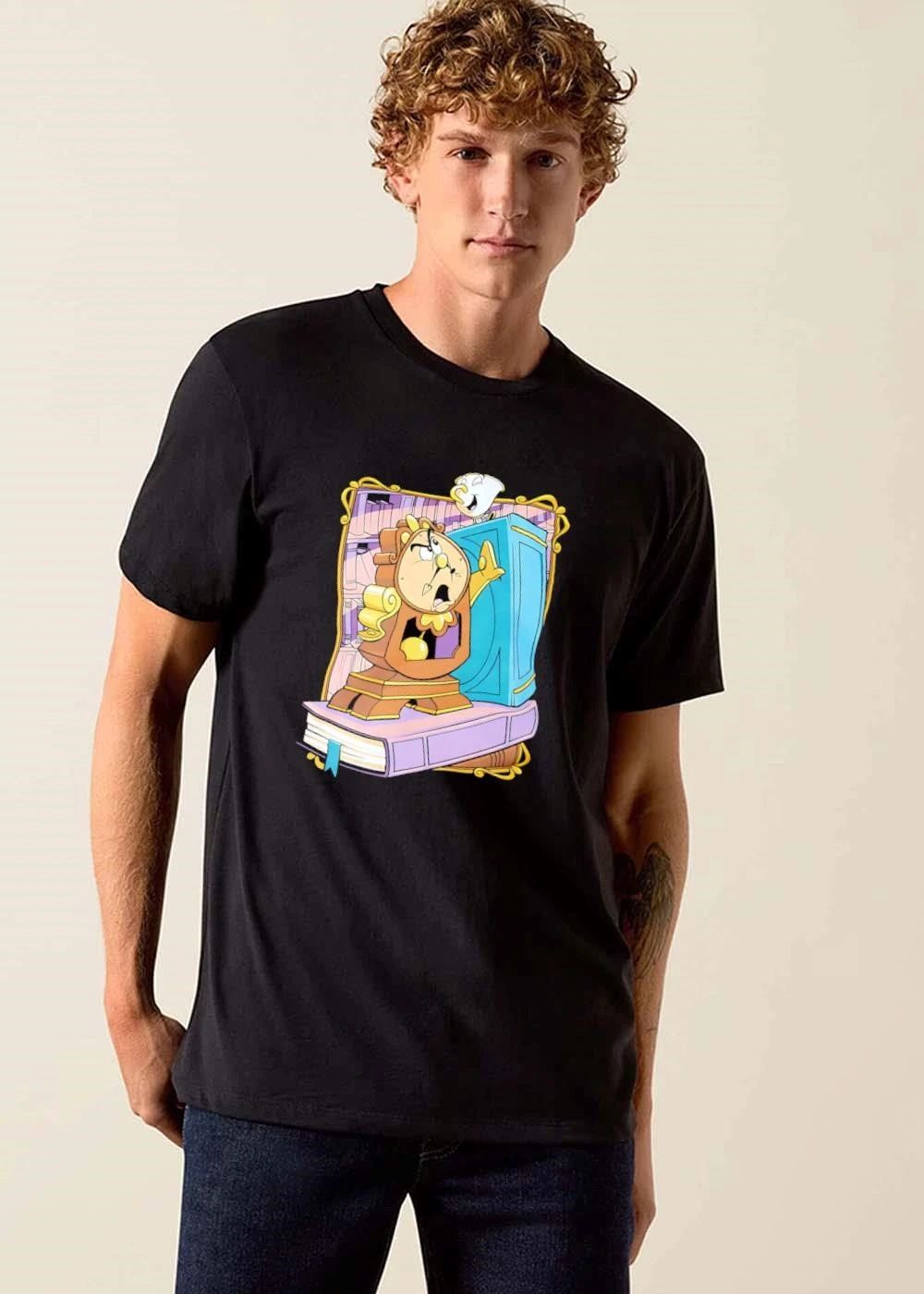 Cartoon Cogsworth Clock Chip Teacup Blue Armoire Books Frame shirt