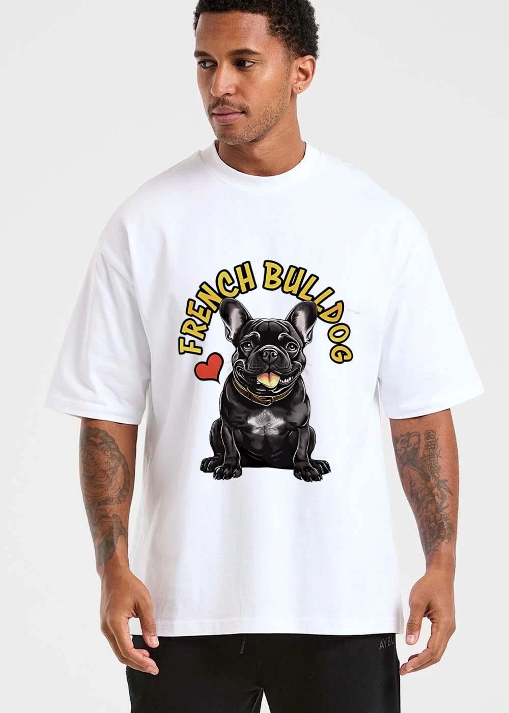 French Bulldog Cartoon Black Sitting Pet Tongue Out Collar Red Heart shirt