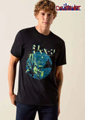 Japanese Katakana Text Leaping Frog Knight Holding Sword Shield Castle Moon Circle Halftone shirt