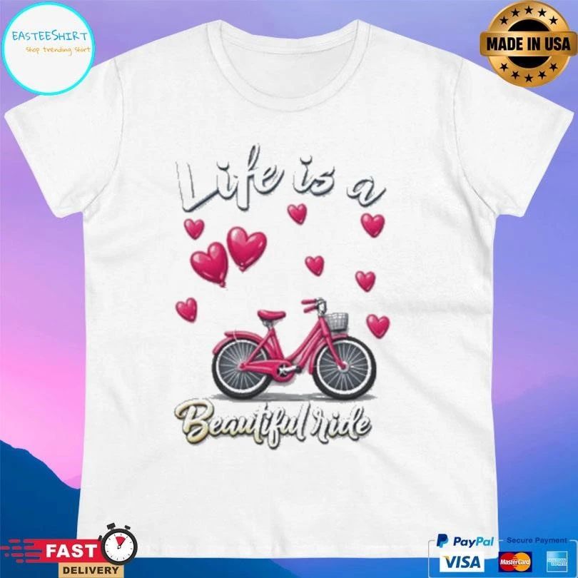 Life Is A Beautiful Ride Pink Bike And Heart Balloons T-shirts