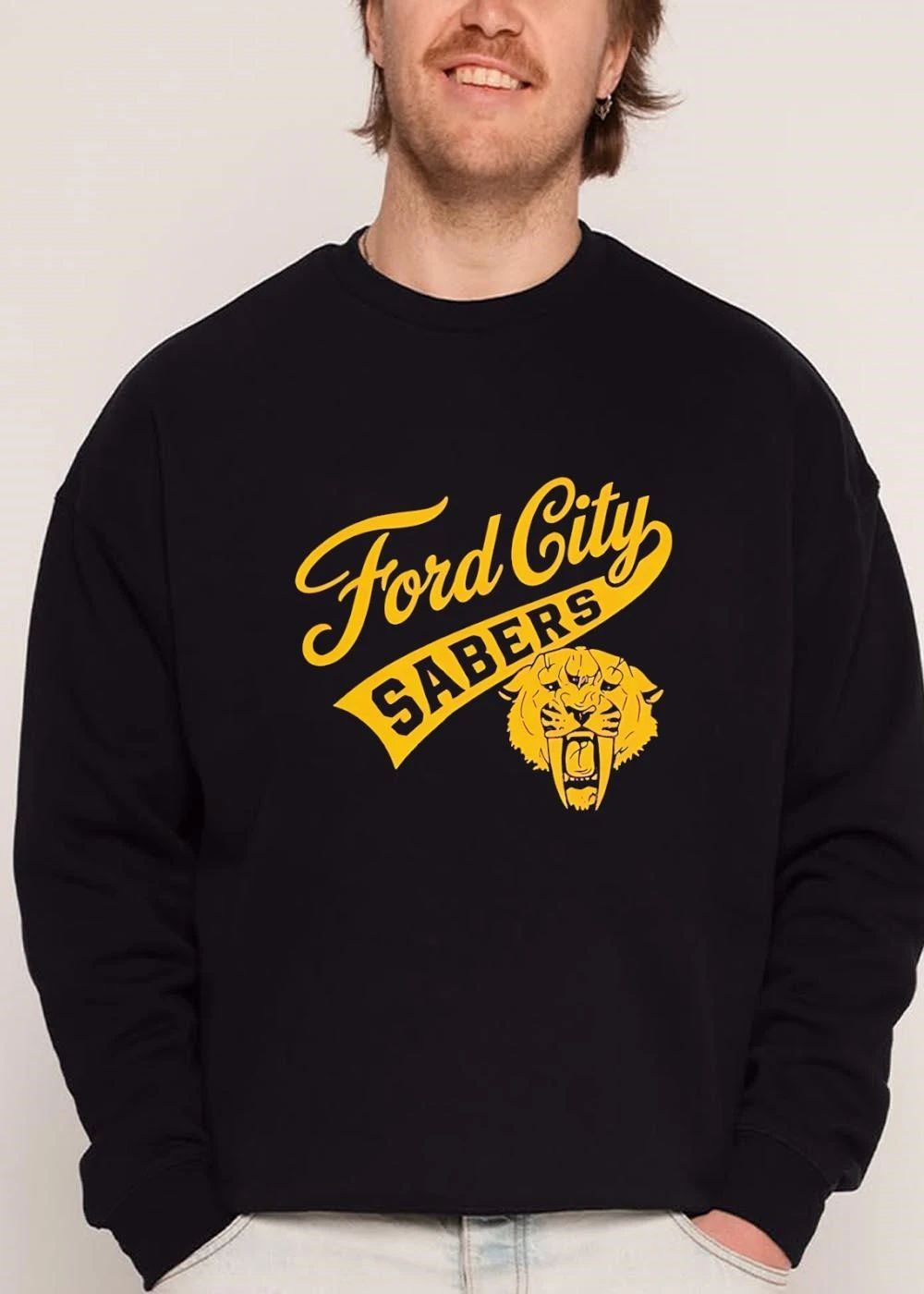 Ford City Sabers Yellow Sabertooth Tiger Head Script Banner shirt