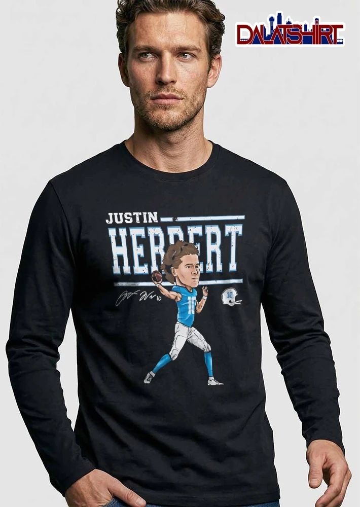Justin Herbert Cartoon Caricature Quarterback Throwing Football Distressed Text shirt