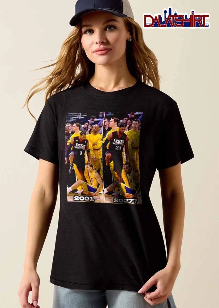Philadelphia Sixers Allen Iverson stepping over Tyronn Lue 2001 and 2027 shirt
