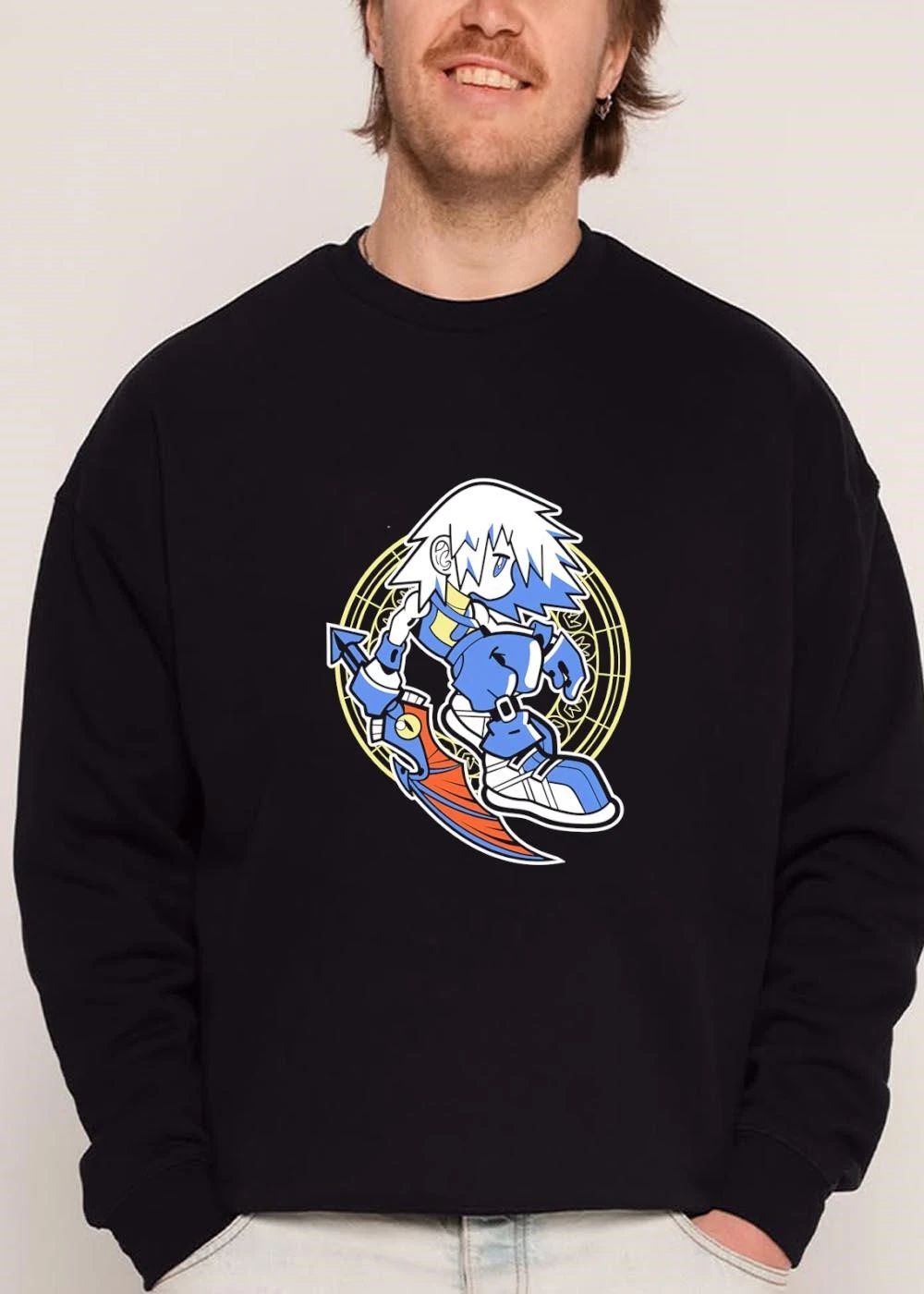 Cartoon Anime Warrior Spiky White Hair Holding Winged Sword Magic Circle shirt