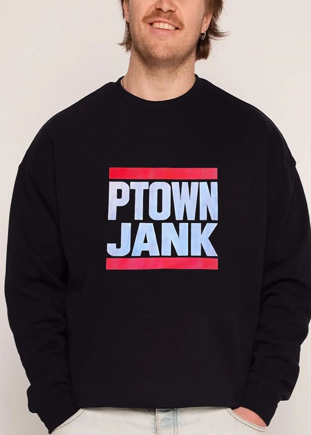 Ptown Jank Red Horizontal Bars White Textured Lettering shirt