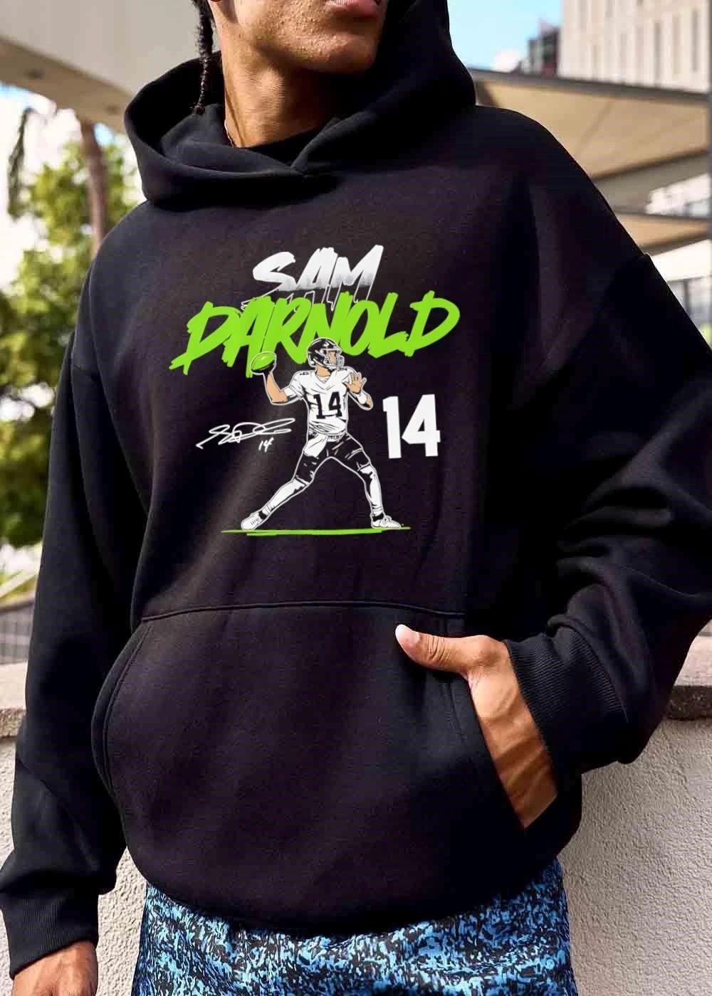 Sam Darnold 14 Quarterback Throwing Green Football Signature Line Art shirt