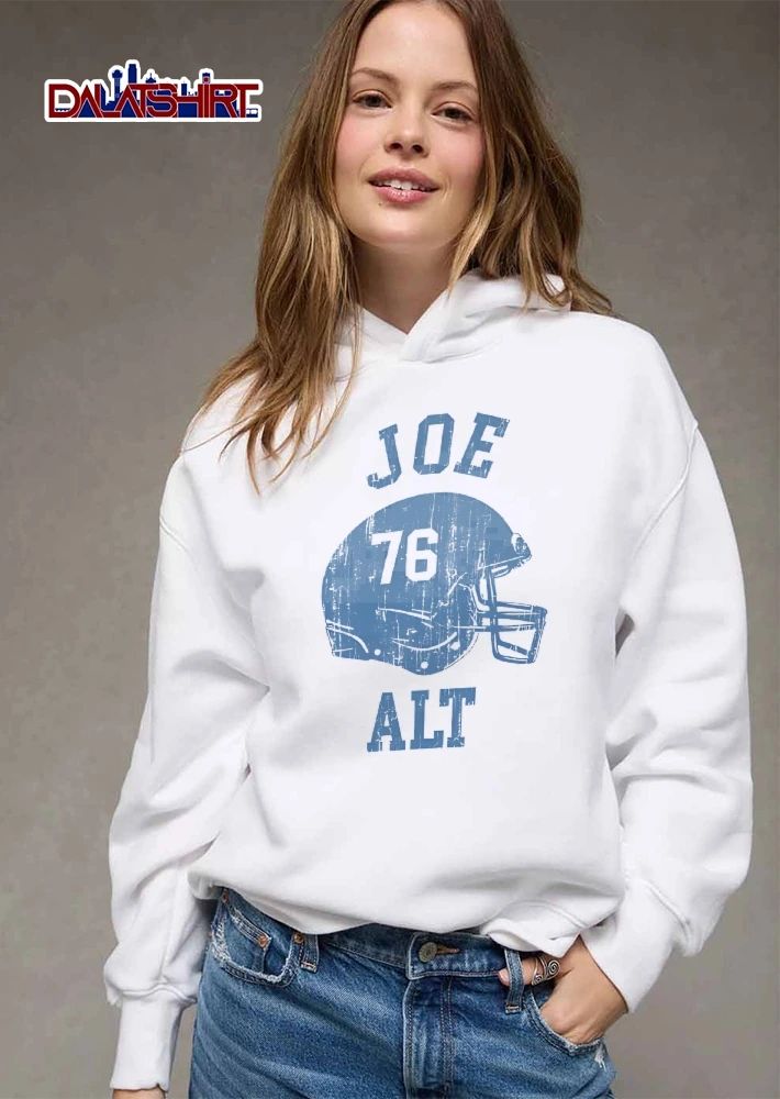 Joe Alt Distressed Light Blue Football Helmet With Number 76 Silhouette shirt