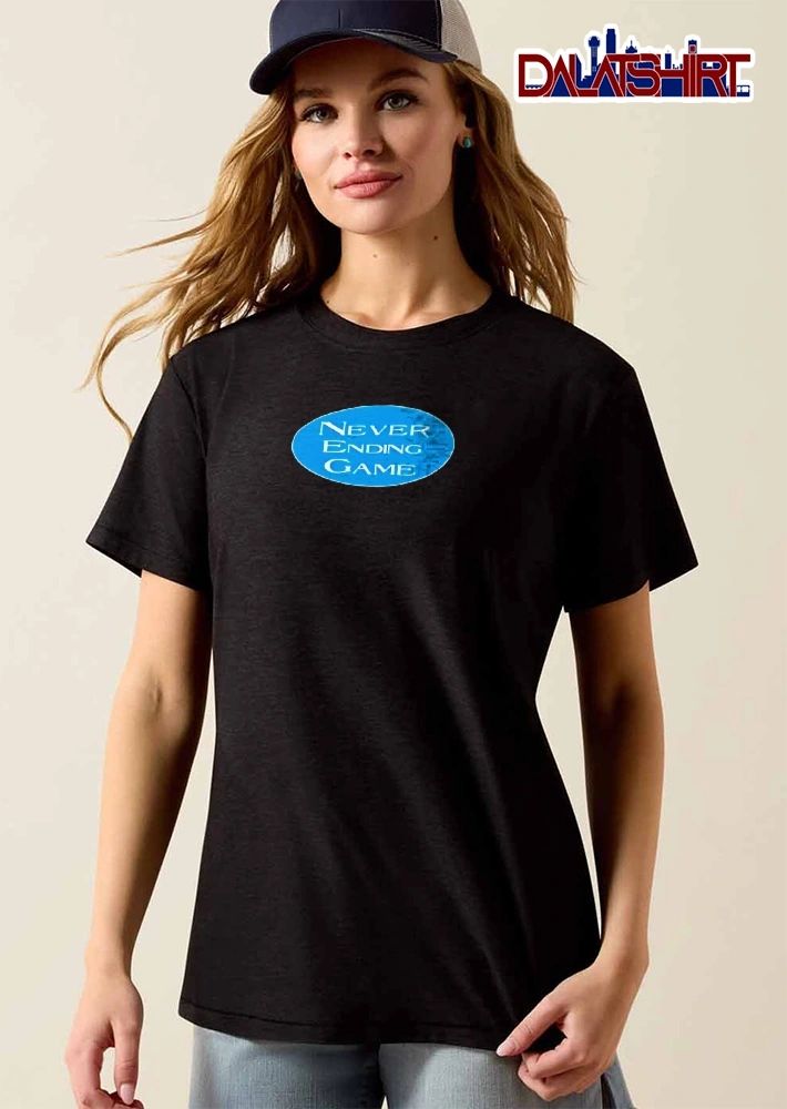 Never Ending Game White Text Blue Oval Black Background shirt