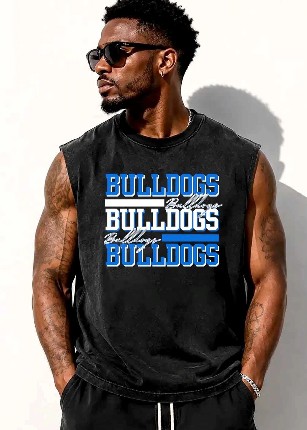 Bulldogs Stacked Block Cursive Lettering Accent Bars shirt