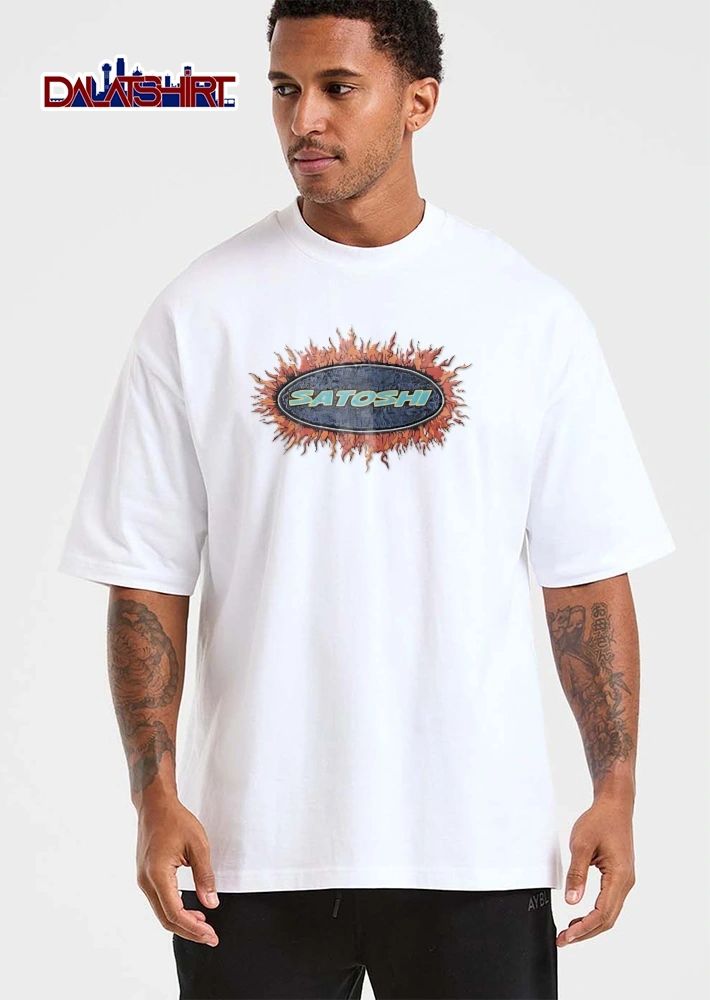 Satoshi Cyan Text Inside Dark Blue Crackled Oval Fiery Orange Flames shirt