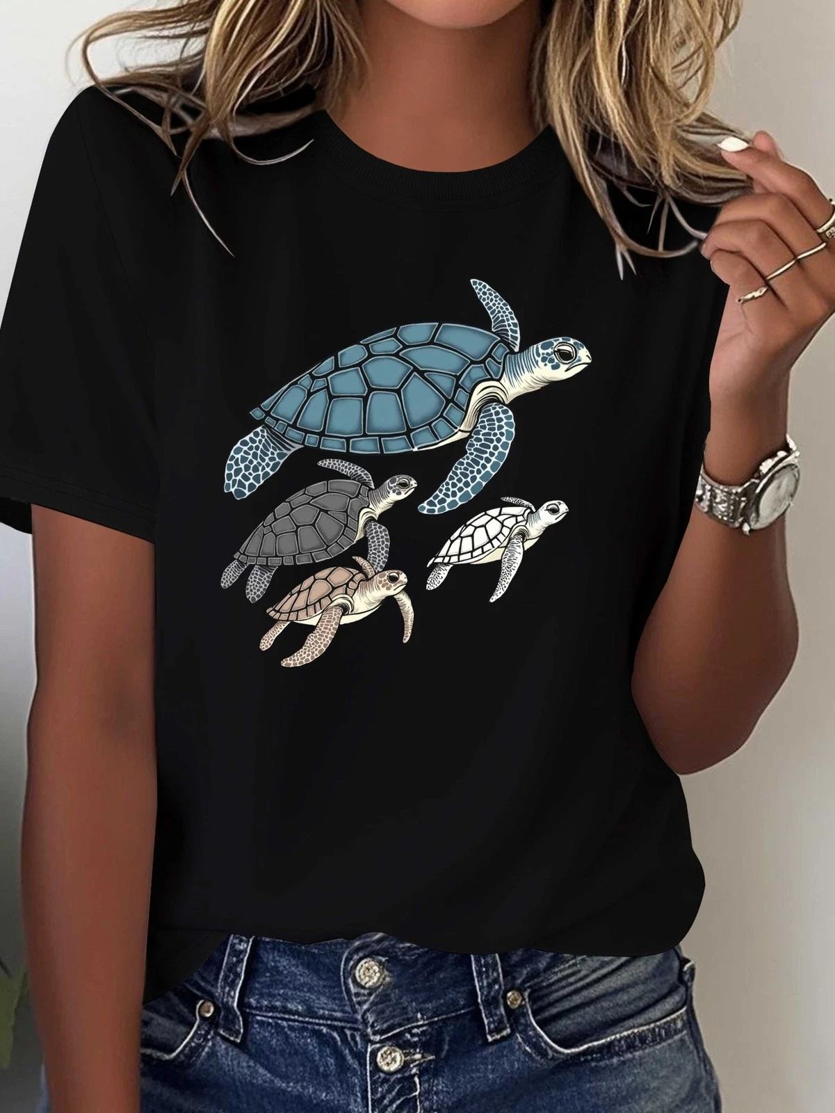 Unisex T-Shirt Turtle Family Print Casual Summer Top for Men and Women Turtle