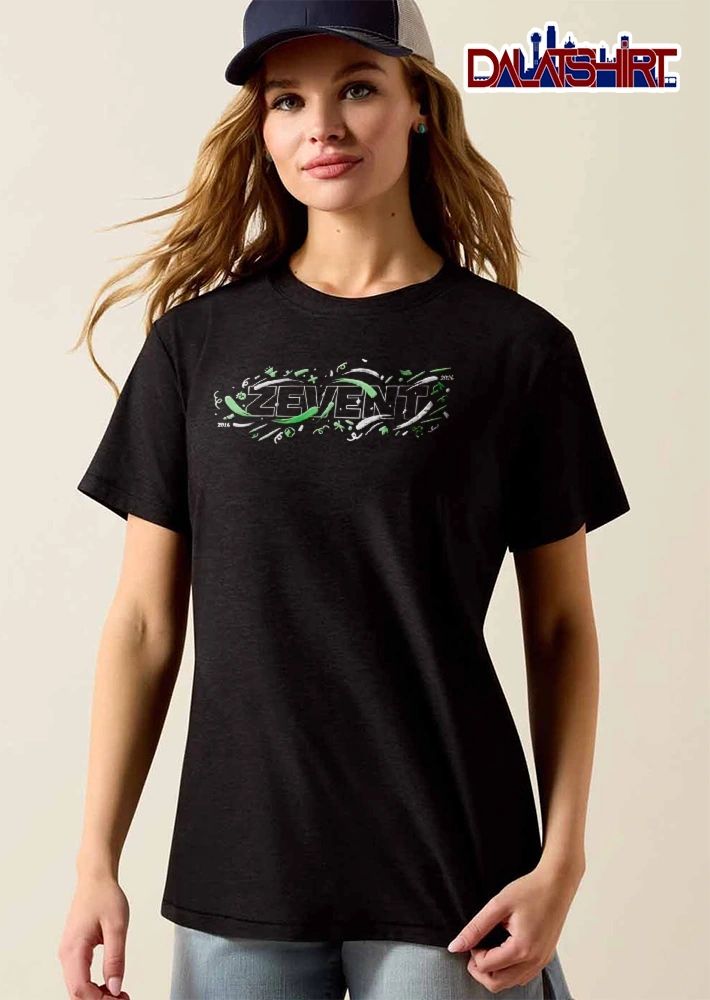 Zevent 2016 2024 Green White Abstract Ribbon Confetti Typography shirt