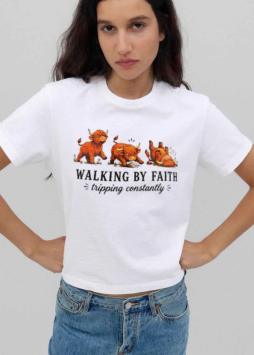 Walking By Faith Tripping Constantly Cartoon Highland Cows Stumbling Over Rock shirt