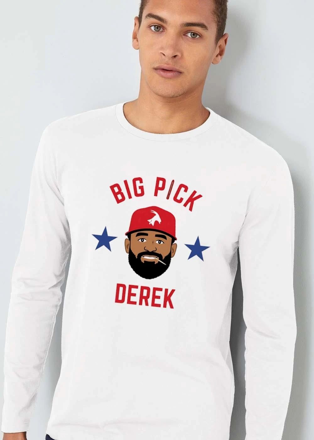 Big Pick Derek Cartoon Caricature Bearded Man Red Goat Hat Toothpick Blue Stars shirt