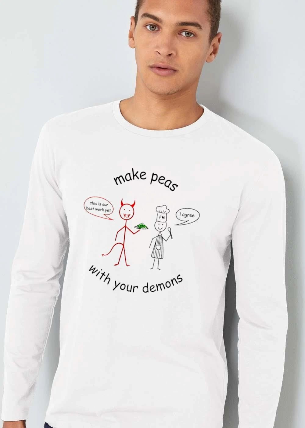 Make Peas With Your Demons Cartoon Stick Figure Chef Red Devil Holding Green Food Spoon shirt