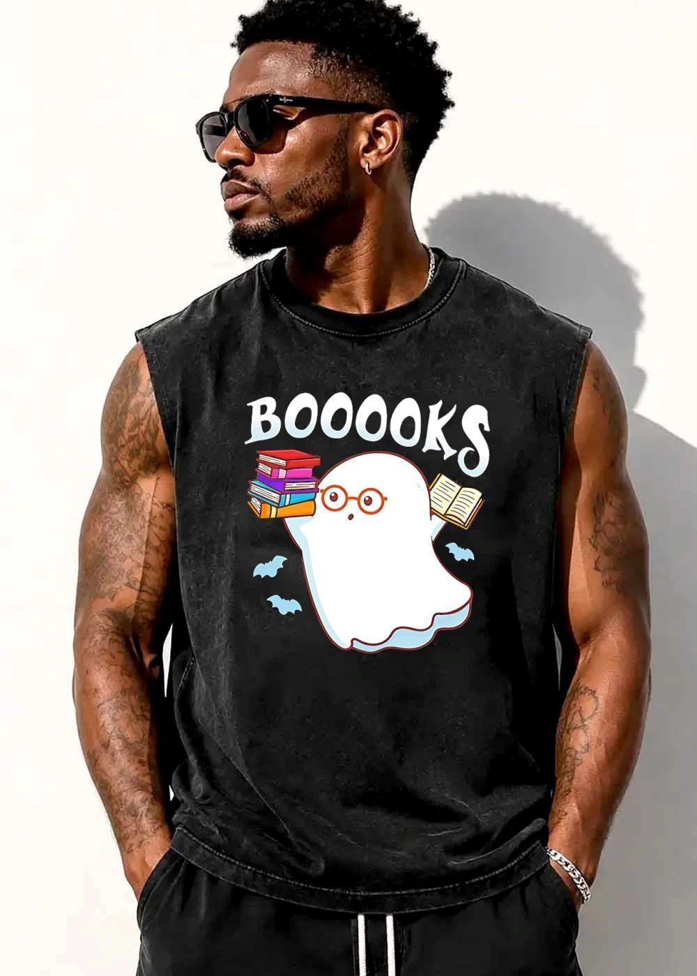 Booooks Cartoon Ghost Spectacles Holding Stacked Novels shirt
