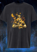 Fiery Golden Flames Stylized Triangle Crest Flaming Abstract Emblem Black Background shirt