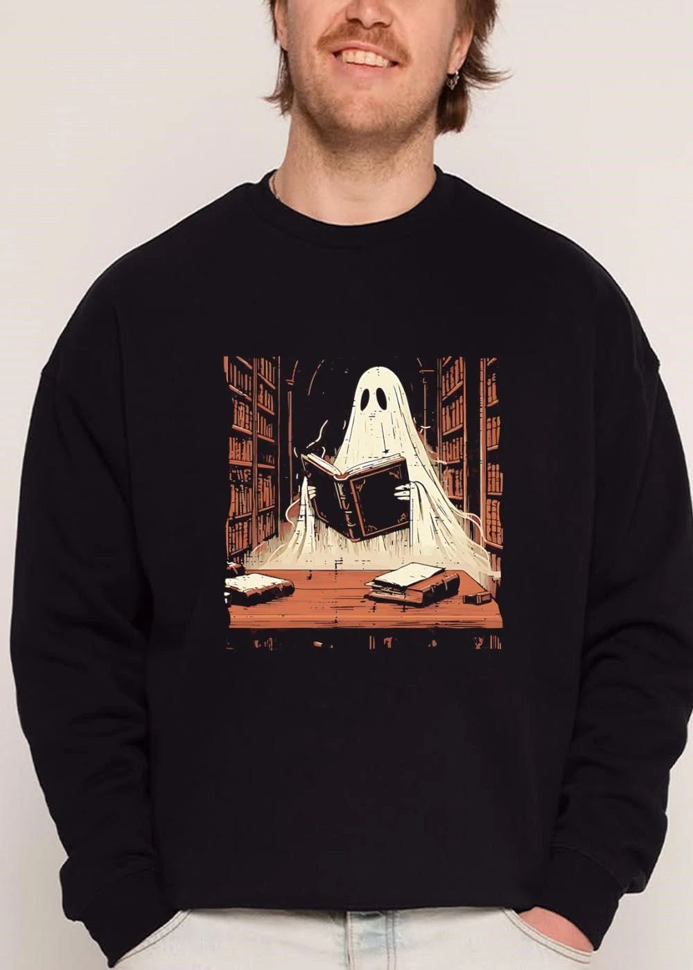 Ghost Reading Open Book Spooky Dark Library Bookshelves Cartoon shirt