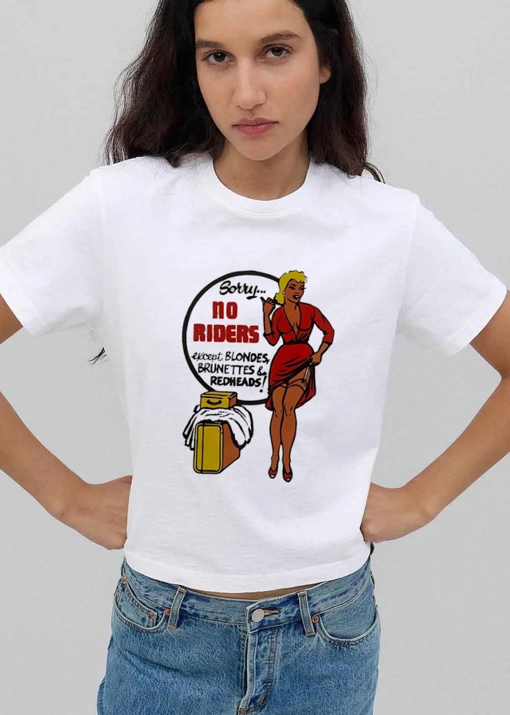 Sorry No Riders Except Blondes Brunettes And Redheads Vintage Pinup Woman Luggage Sign shirt