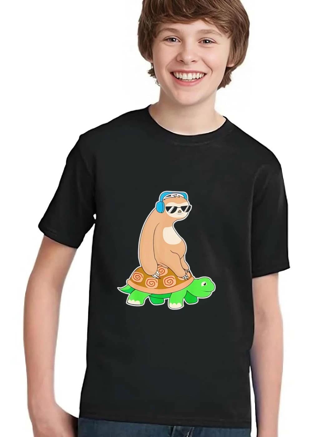 Cartoon Sloth Wearing Headphones Sunglasses Riding Green Turtle shirt