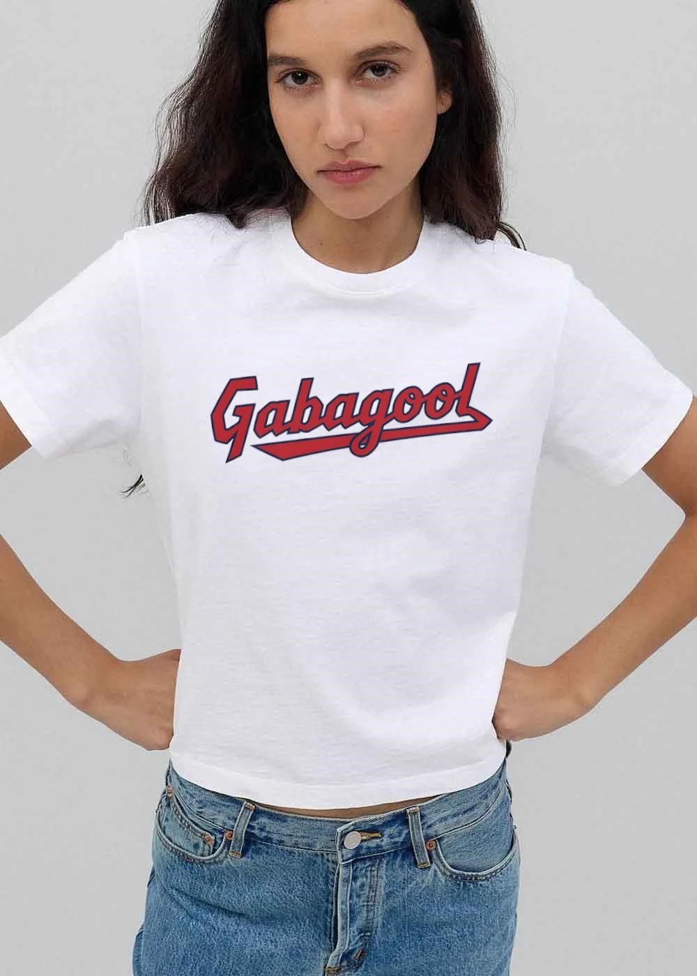 Gabagool Red And Navy Blue Baseball Script Text With Underline Swoosh shirt