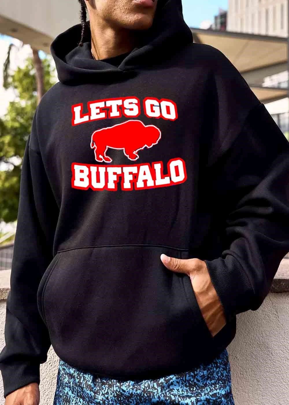 Lets Go Buffalo Red Standing Bison Silhouette White Outline shirt