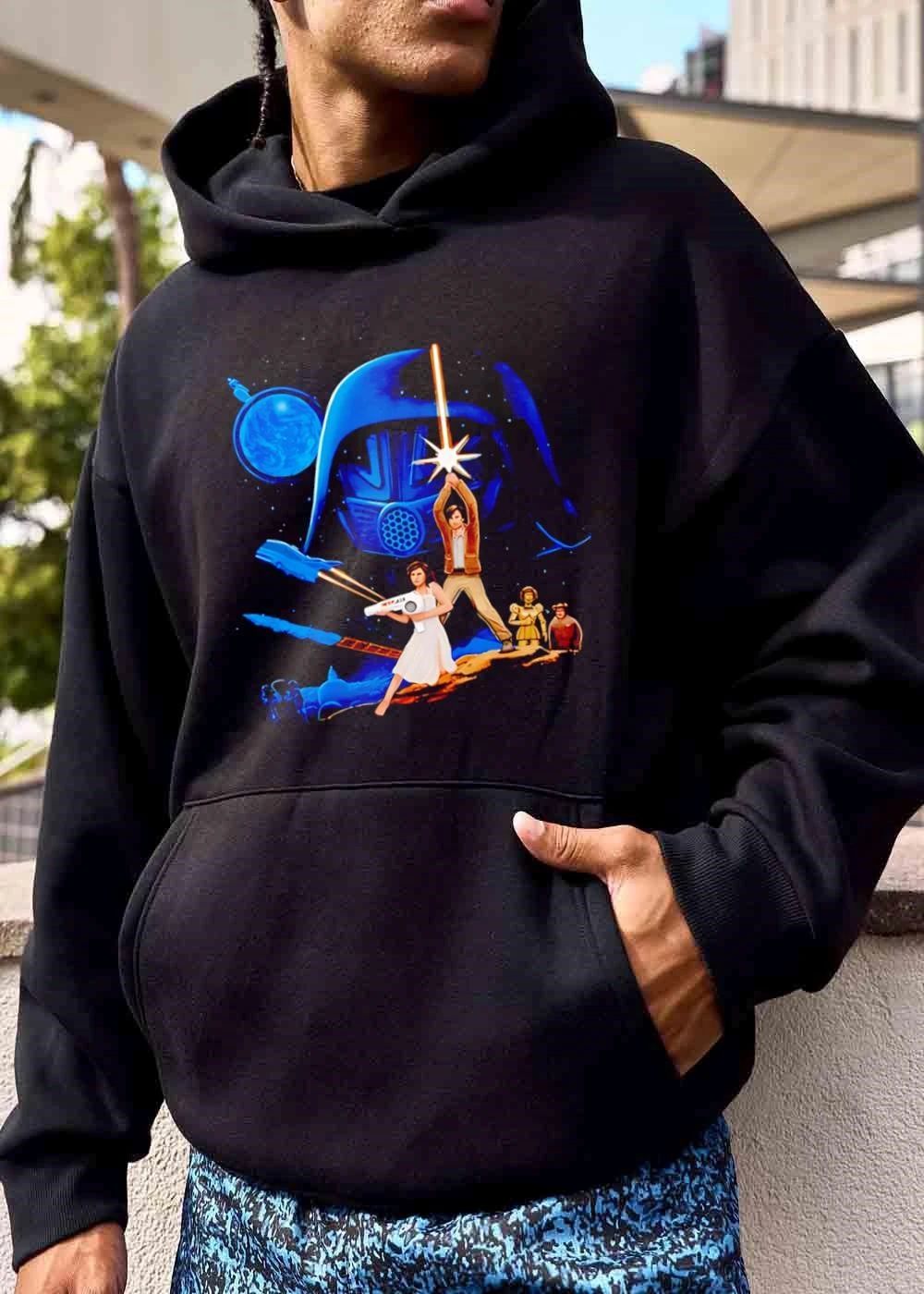 Retro Bootleg Sci Fi Movie Poster Heroes Holding Lightsaber Giant Helmet shirt