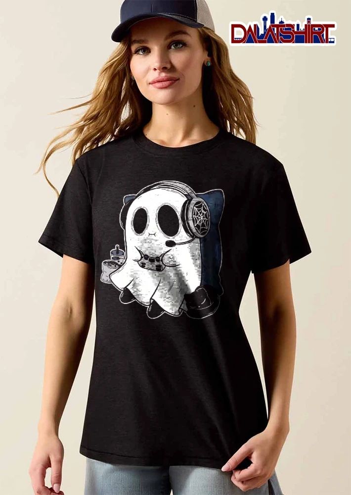 Cute Cartoon Gamer Ghost Wearing Headset Controller Sleeping Black Cat shirt