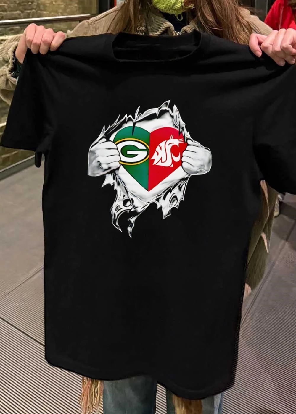 Rip Through Heart Green Bay Packers Washington State Cougars T-Shirt