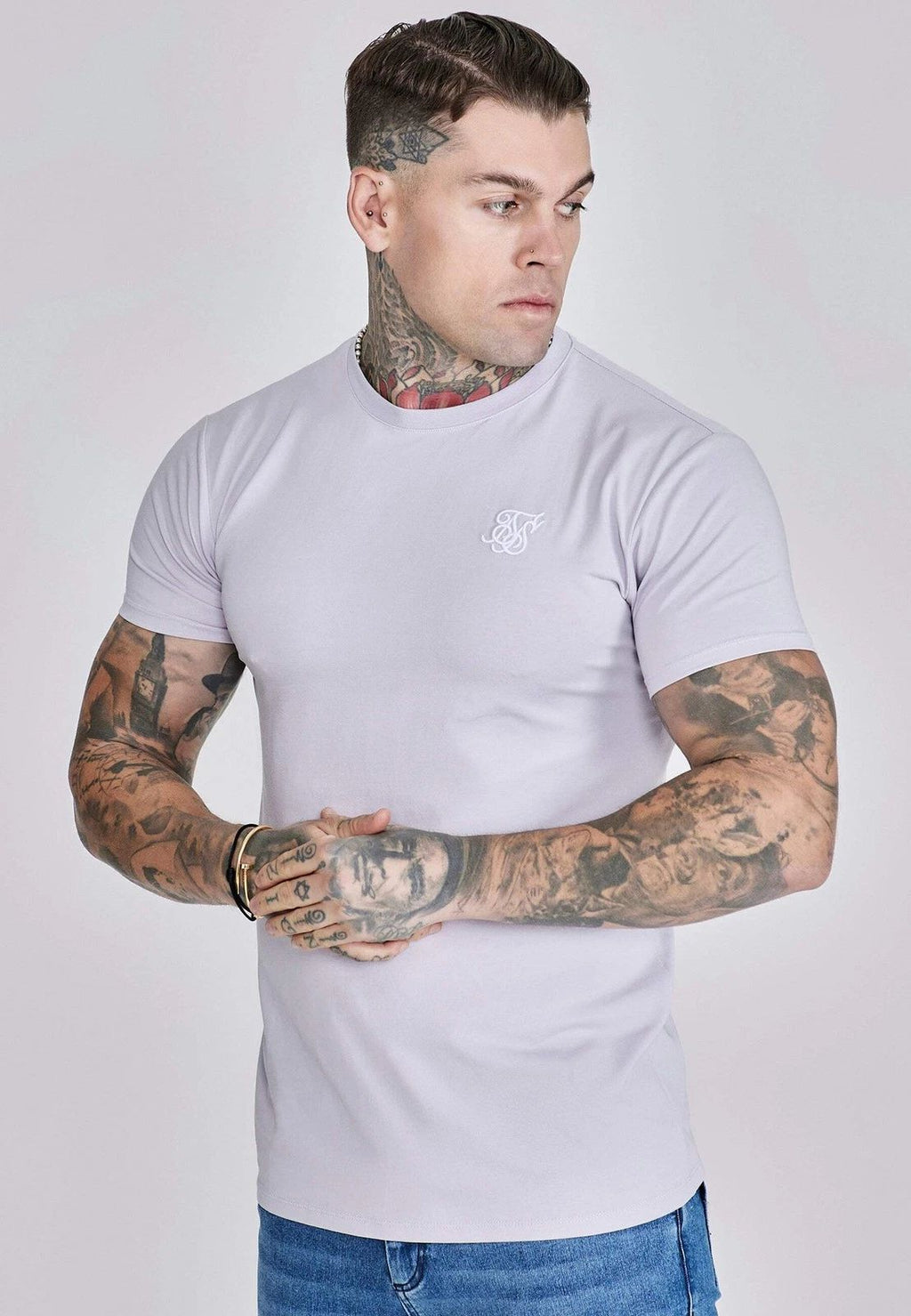 SikSilk Men's Muscle Fit Crew Neck Essentials T-Shirt Tee Lilac