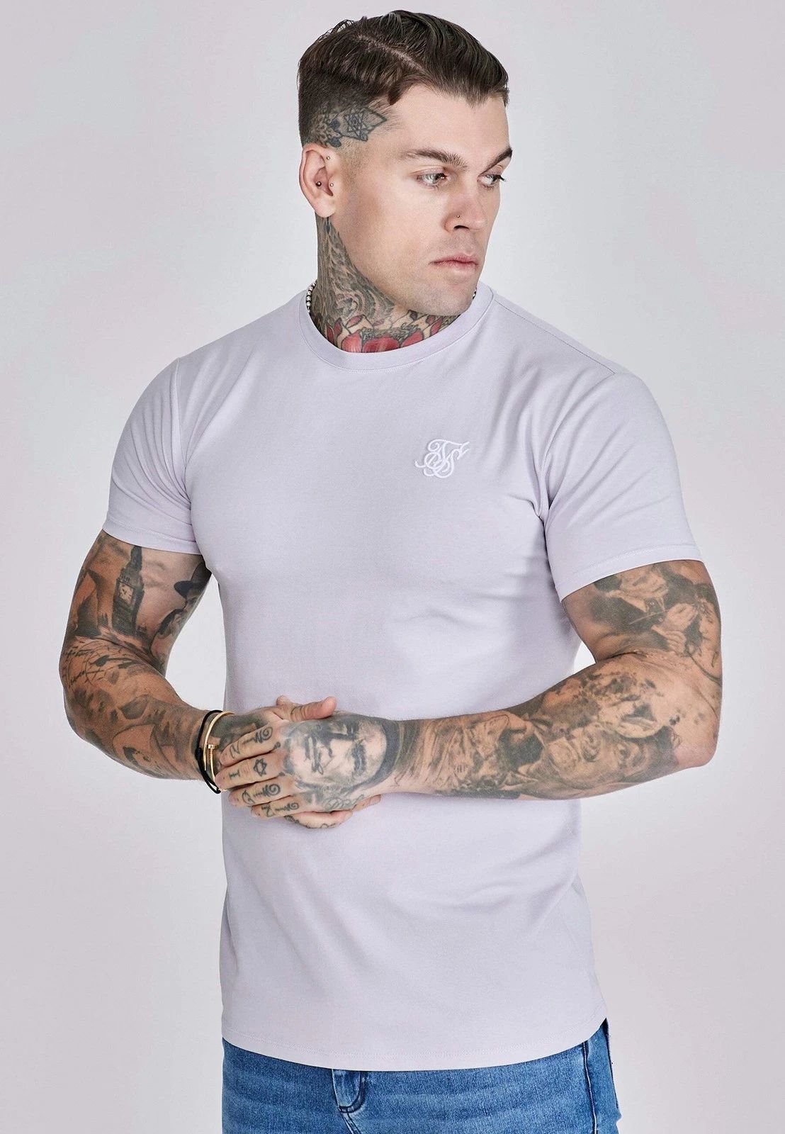 SikSilk Men's Muscle Fit Crew Neck Essentials T-Shirt Tee Lilac