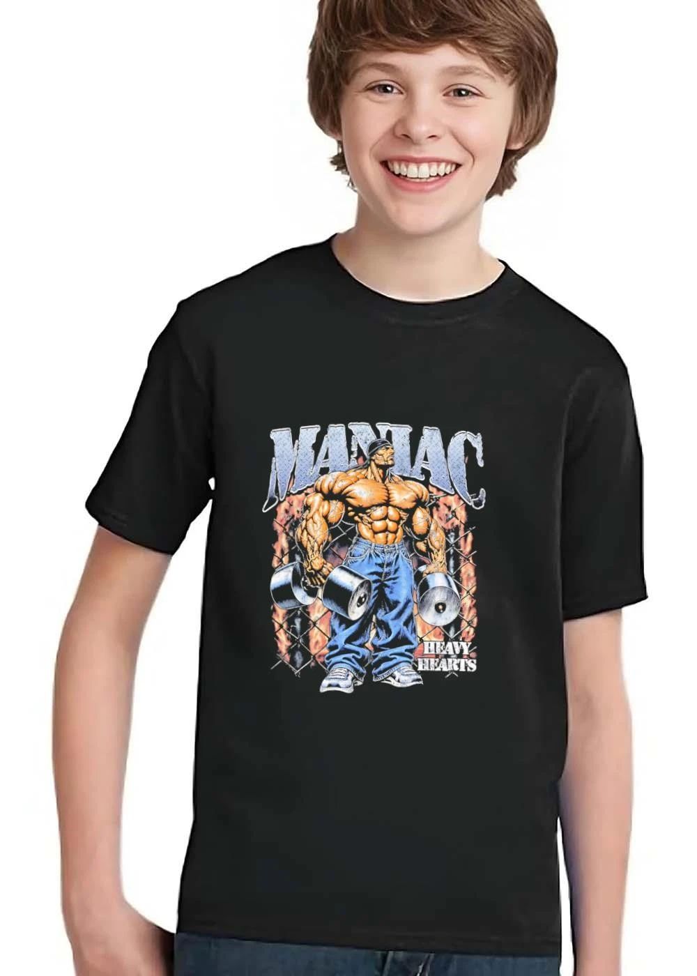 Maniac Heavy Hearts Muscular Bodybuilder Dumbbells Flames Chainlink Fence shirt
