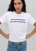 Were Just Normal Men Innocent Distressed Dark Blue Text Typography shirt