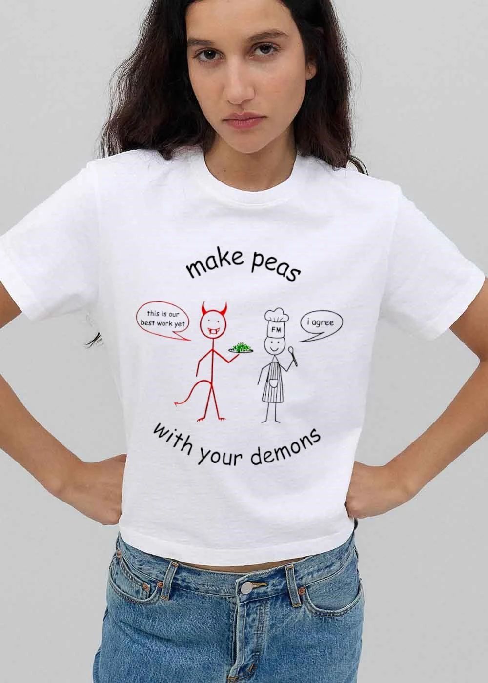 Make Peas With Your Demons Cartoon Stick Figure Chef Red Devil Holding Green Food Spoon shirt