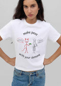 Make Peas With Your Demons Cartoon Stick Figure Chef Red Devil Holding Green Food Spoon shirt
