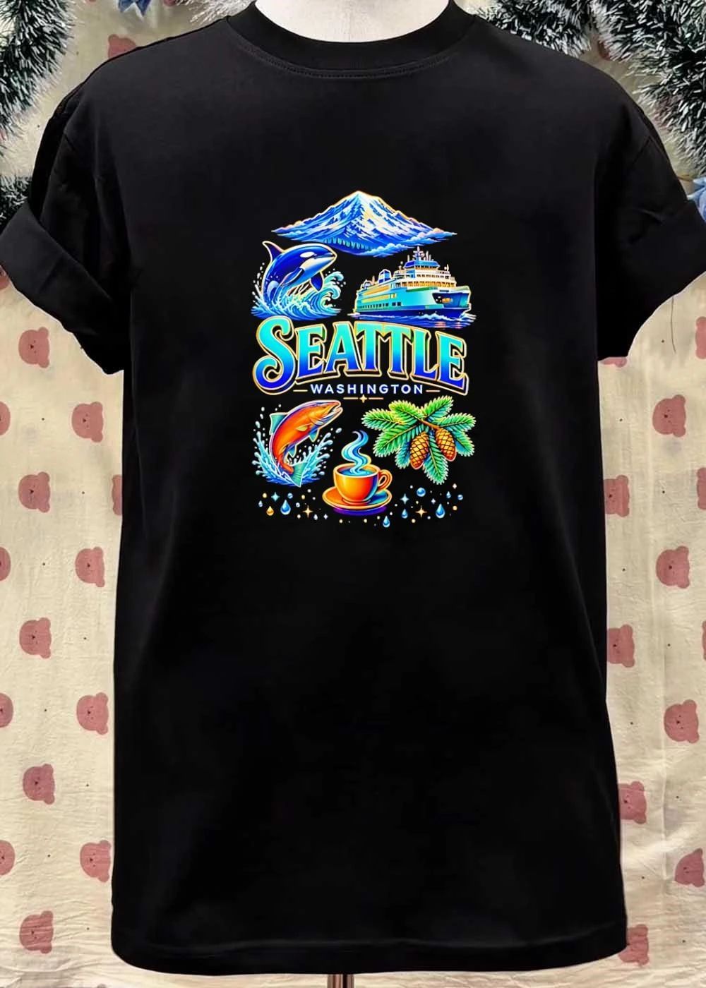 Seattle Washington Orca Ferry Salmon Coffee Pine Cone Mount Rainier shirt
