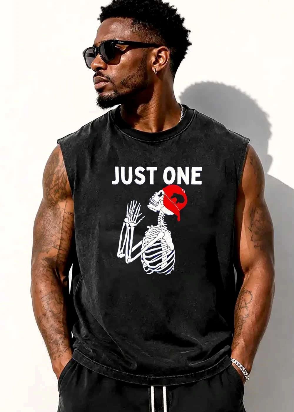 Just One Praying Skeleton Wearing Backwards Red Baseball Cap shirt