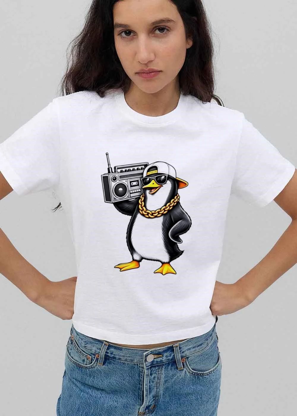 Cartoon Hip Hop Penguin Carrying Retro Boombox Gold Chain Sunglasses shirt