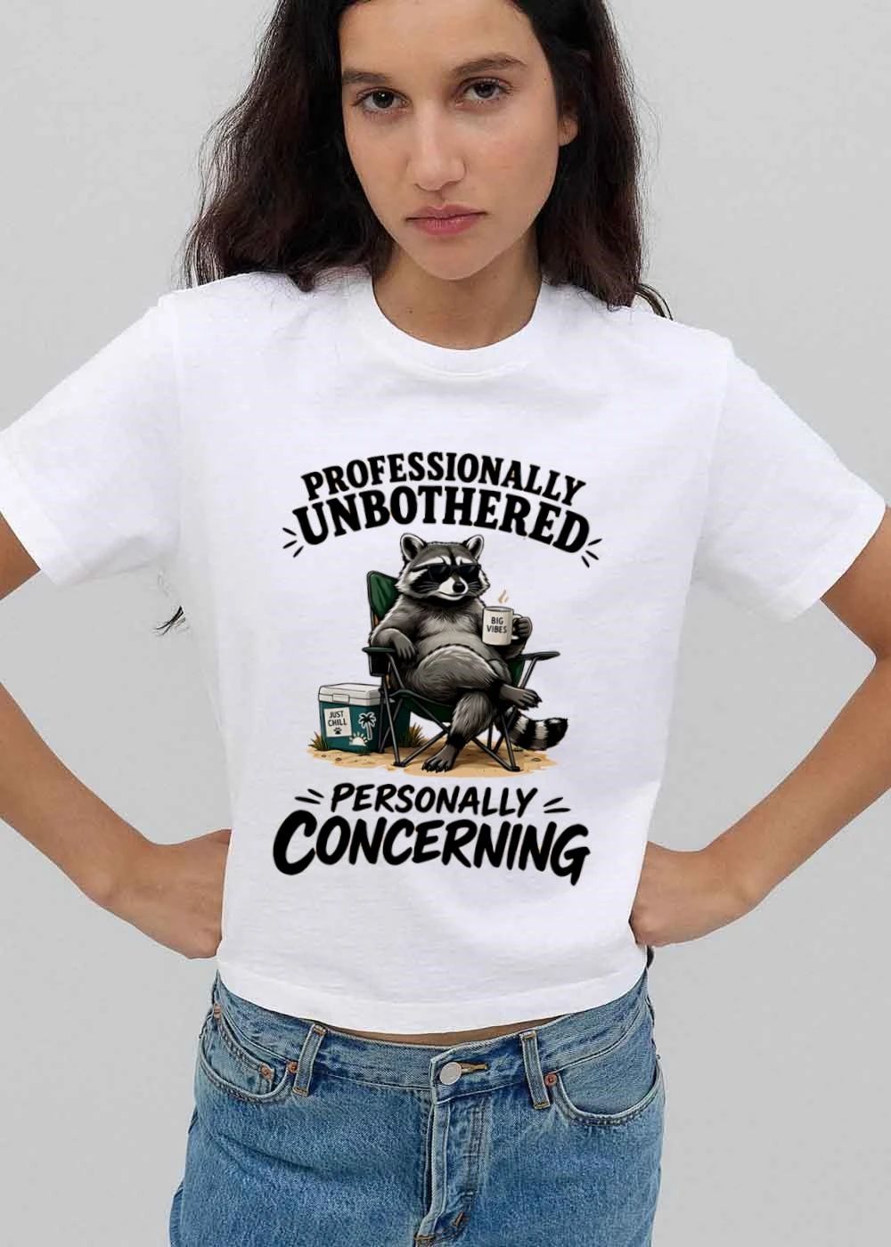 Professionally Unbothered Personally Concerning Raccoon Sunglasses Lawn Chair Cooler Cartoon shirt